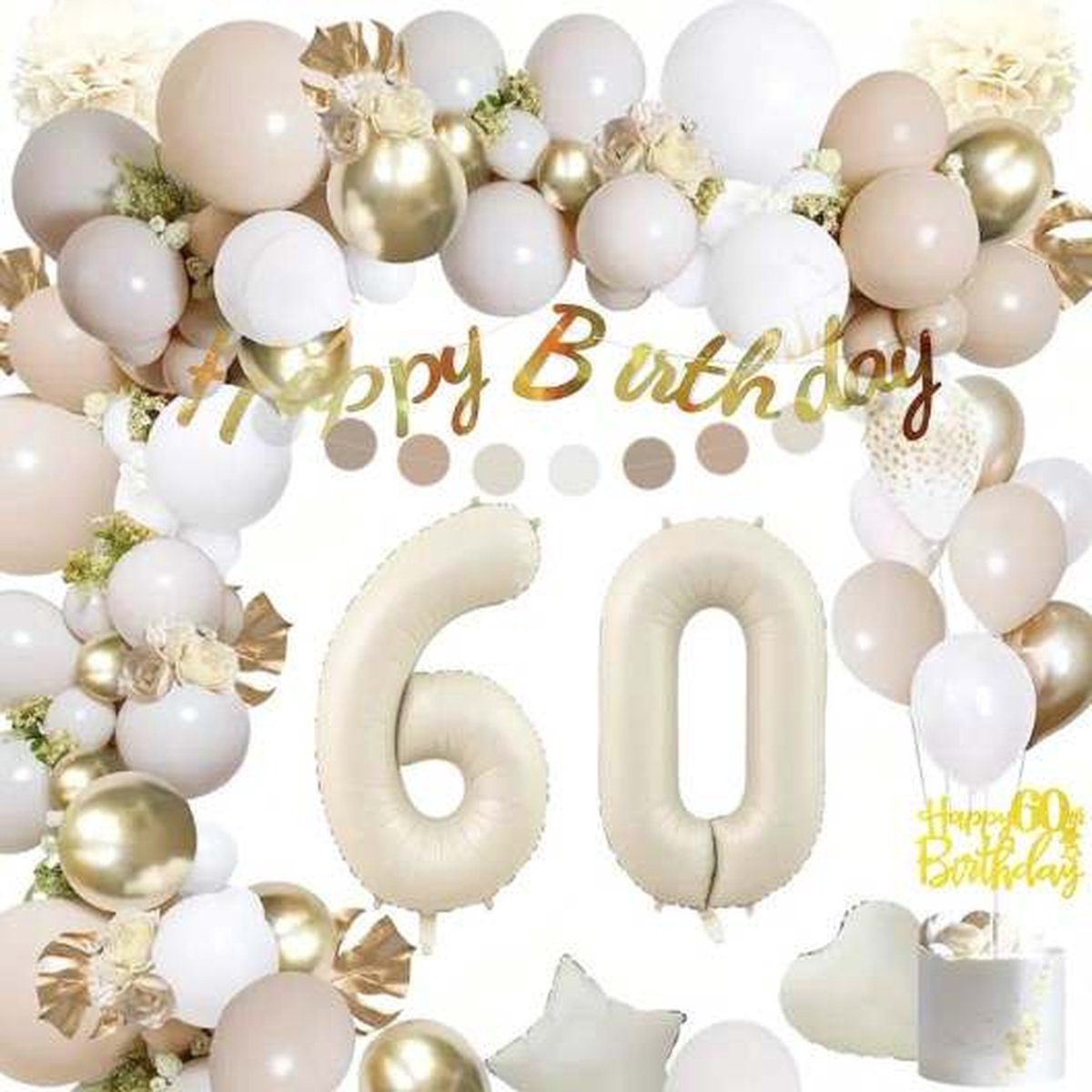 Joya Party® 60 jaar verjaardag feest pakket Beige, Wit en Goud | Versiering Ballonnen voor feest 60 jaar | Zestig Verjaardag Versiering | Ballonnen slingers opblaasbare cijfers 60